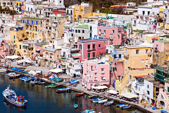 Townscape over Marina Corricella on Procida Island