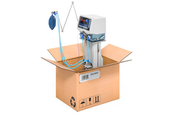 Medical ventilator inside cardboard box, delivery concept. 3D rendering