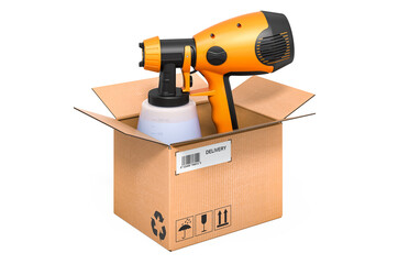 Painting spray gun inside cardboard box, delivery concept. 3D rendering