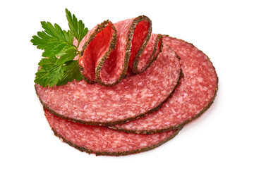 Peppered salami slices, isolated on white background