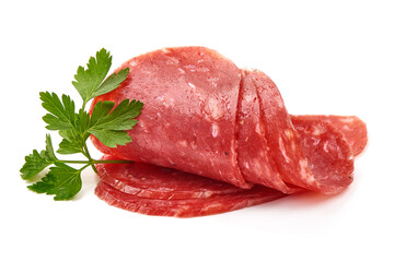 Spanish salchichon sausage, isolated on white background