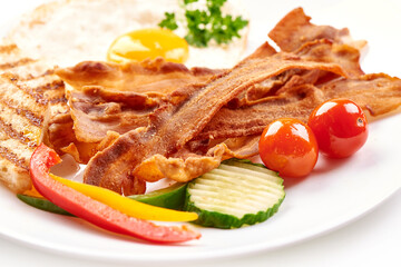 Fried Bacon with eggs, american breakfast