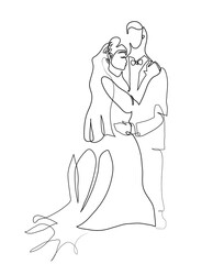 One continuous line drawing of happy stylish bride and groom.
One line drawing of marriage, newlywed couple concept.