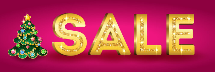 Vector luxury sale banner for jewelry store. Gold glitter shiny inscription Sale on a pink background with Christmas tree and toys, precious stones and diamonds, vector illustration.