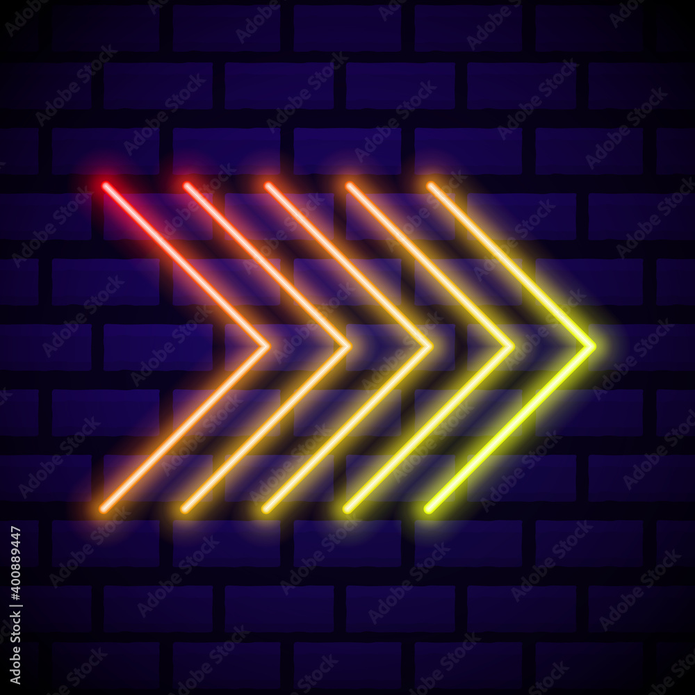 Poster neon glowing arrow pointer on dark brick wall background. colorful and shining retro light sign. vec