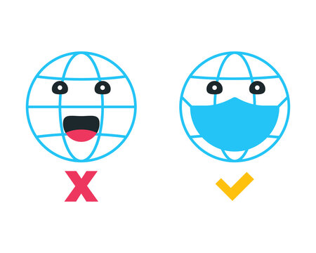 Social distancing. Emoji Earth with mask . Wear mask poster. Coronovirus epidemic protective. Vector illustration