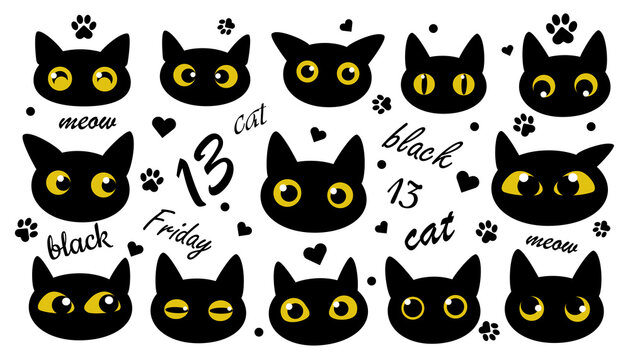 A set of 13 black cats with different emotions and eyes. Cheerful positive animals for fashion prints, textiles, design, clothing.