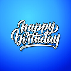 Happy Birthday custom hand lettering brush with swoosh, 3D shadow white on blue gradient background