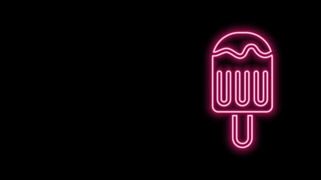 Glowing neon line Ice cream on stick icon isolated on black background. Sweet symbol. 4K Video motion graphic animation