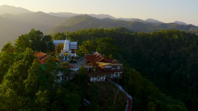 Aerial view of Wat Phrathat Doi Leng temple on hill the famous tourist attraction in Phrae province, Thailand