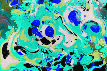 Colorful marble ink texture on watercolor paper background. Marble stone image. Bath bomb effect. Psychedelic biomorphic art.