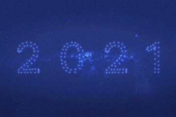 Numbers 2021 in the night sky. New year concept. Constellation stars on the night sky. Elements of this illustration were furnished by NASA