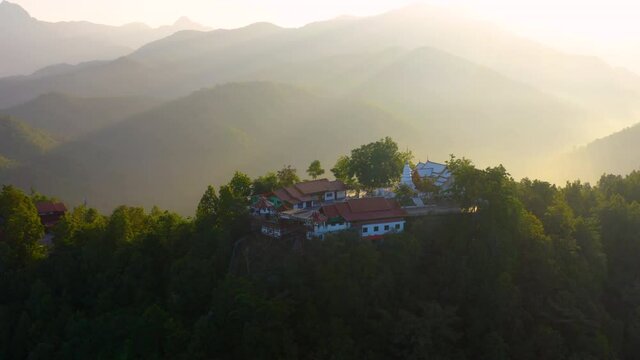 Aerial view of Wat Phrathat Doi Leng temple on hill the famous tourist attraction in Phrae province, Thailand
