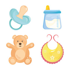 bundle of four baby shower icons vector illustration design