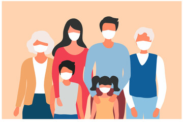 Happy family wearing face mask to protect from covid-19 virus outbreak vector illustration. Covid-19 outbreak and pollution protection concept 