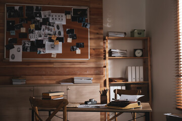 Detective office interior with evidence board on wall