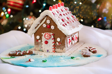 Gingerbread house against Christmas lights