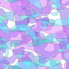 Seamless vector pattern. Abstract transparent shapes randomly stack on top of each other on a white background. Thin black outline, turquoise, purple, lilac shade.