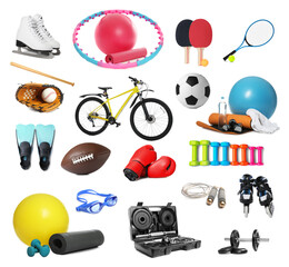 Set of different sport equipment on white background
