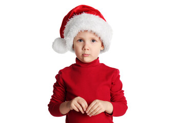 Cute child in Santa hat on white background. Christmas celebration