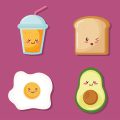 bundle of four kiut food kawaii characters vector illustration design
