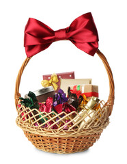 Wicker basket full of gifts isolated on white