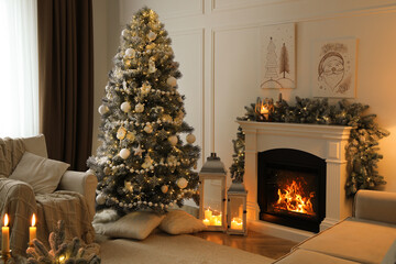 Fireplace in beautiful living room decorated for Christmas