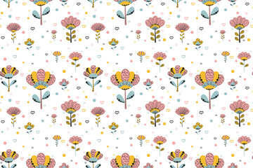Seamless pattern of cute doodles of abstract flowers in the Scandinavian style, contour hearts and circles on a white background. Girly baby texture for printing on clothes, nursery wallpaper. Vector.