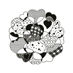 hearts intertwined in the form of a circle, black and white doodle, coloring, antistress, vector illustration, postcard, background