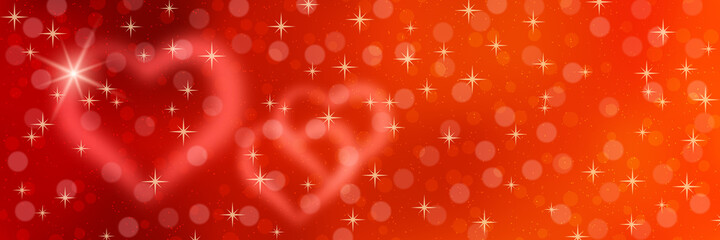 Fototapeta na wymiar Valentine's Day vector banner. Red blurred background with hearts and light effects
