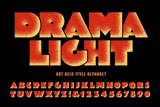 An art deco style font with stipple effects and a dramatic stage uplight effect.