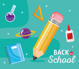 back to school lettering with set school supplies vector illustration design