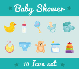 bundle of ten baby shower set icons and lettering vector illustration design