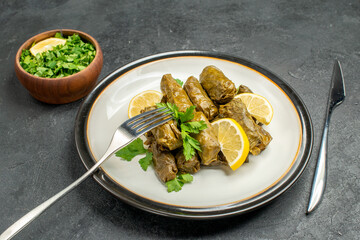bottom view stuffed grape leaves on white plate bowl of parsley kinfe and fork on dark background