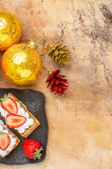 top view delicious creamy cakes with new year tree toys on light desk cake sweet photo cream dessert