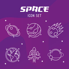 bundle of five space set line style icons and lettering vector illustration design