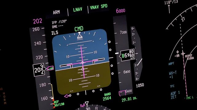 Flight instruments display of a modern passenger airplane flying at night. Actual cockpit footage. Aircraft is descending for landing.