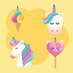 bundle of four unicorn set icons vector illustration design