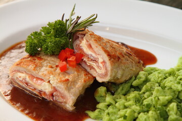 South Tyrolean Involtini with wild garlic spaetzle on gravy