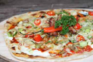German pizza "Flammkuchen" spicy  style with chillies