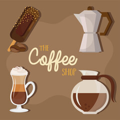 bundle of four coffee delicious drink set icons and lettering vector illustration design
