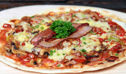 German pizza Flammkuchen spicy style with chili and bacon