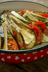 Homemade ratatouille dish in tray before baking
