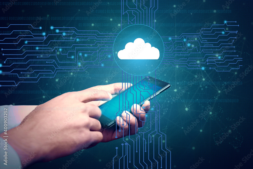 Poster man using phone and cloud technology in screen