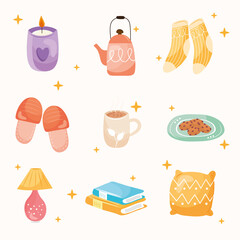 bundle of nine hygge style set icons vector illustration design