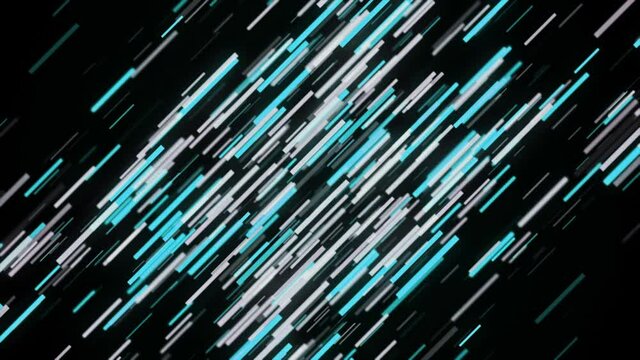 Colorful stripes flying in the dark. Animation. Abstract elongated rectangles of white and blue colors moving up and down randomly isolated on black background, seamless loop.