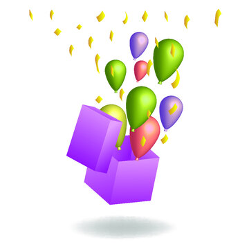 Balloons suprize box greeting illustration , decoration celebration design background gift sale romance isolated