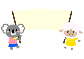 飾り枠の旗を持つコアラとヒツジのフレームイラスト