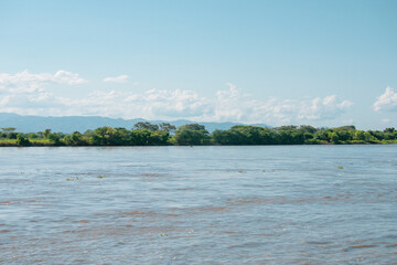 Magdalena River in Colombia, with blue sky and trees on the river bank.