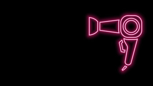 Glowing neon line Hair dryer icon isolated on black background. Hairdryer sign. Hair drying symbol. Blowing hot air. 4K Video motion graphic animation
